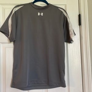 Grey athletic mens small tee with white symbols and white linings. Heatgear.